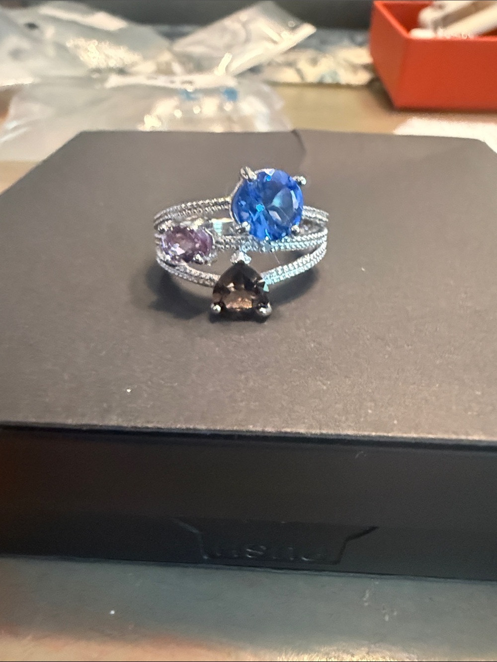 Multi-Stone Silver Ring with Blue, Purple and Smoky Stones